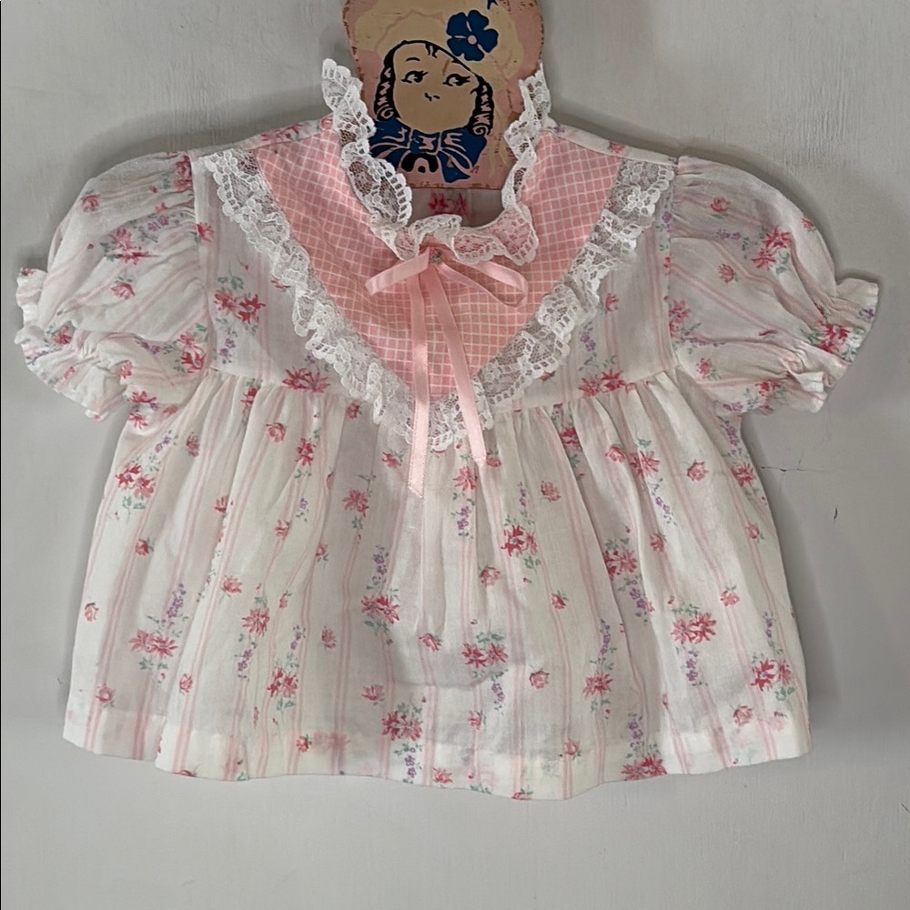 Vintage Toddletime white floral dress, pink collar, lace trim Size 12 months